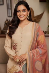 Beige & Terracotta Botanical Embroidered Suit