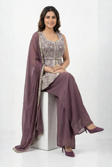 Mauve Silver Embroidered Peplum and Palazzo Set
