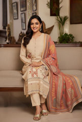 Beige & Terracotta Botanical Embroidered Suit