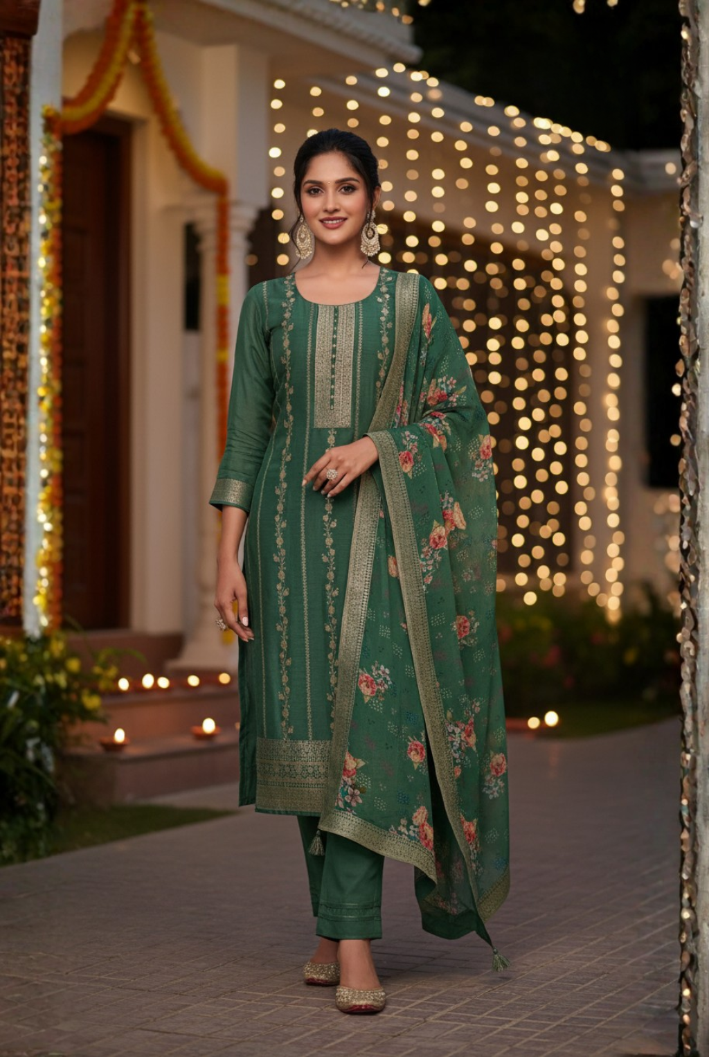 Emerald Elegance Kurta Set with Floral Dupatta
