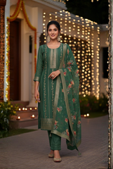 Emerald Elegance Kurta Set with Floral Dupatta
