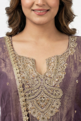Regal Mauve Tissue Silk Sharara Set with Gold Zari Embroidery