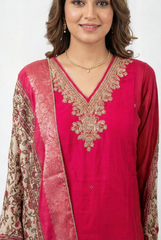Radiant Rani Pink Chinon Suit Set with Floral Zari Dupatta