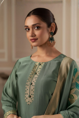 Sage Green Floral Pure Silk Suit
