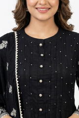 Midnight Noir Floral Embroidered Pintuck Suit Set