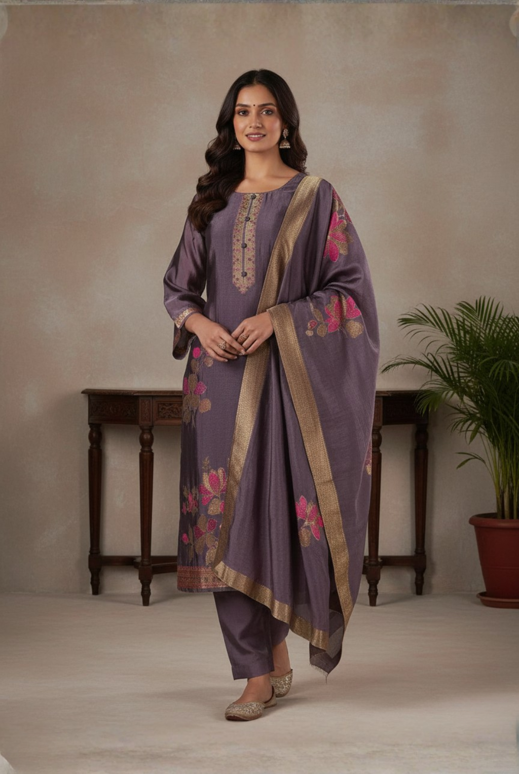 Mauve Grape Floral Pure Silk Suit