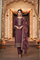Luxurious Plum Purple Suit with Floral Print Dupatta