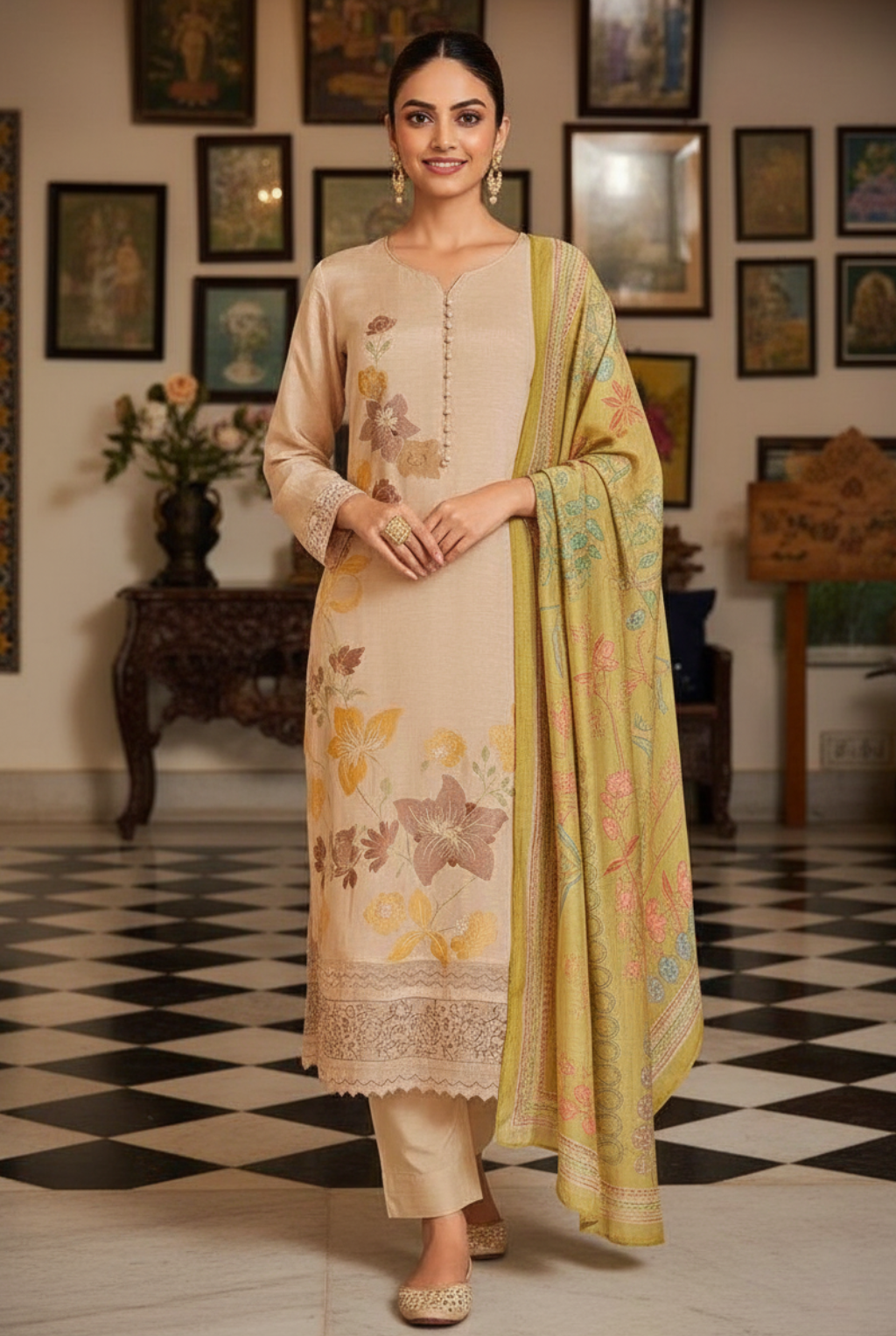 Earthy Elegance Beige & Moss Green Floral Embroidered Suit