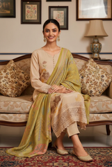 Earthy Elegance Beige & Moss Green Floral Embroidered Suit