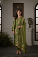 Olive Green Floral Pure Silk Suit