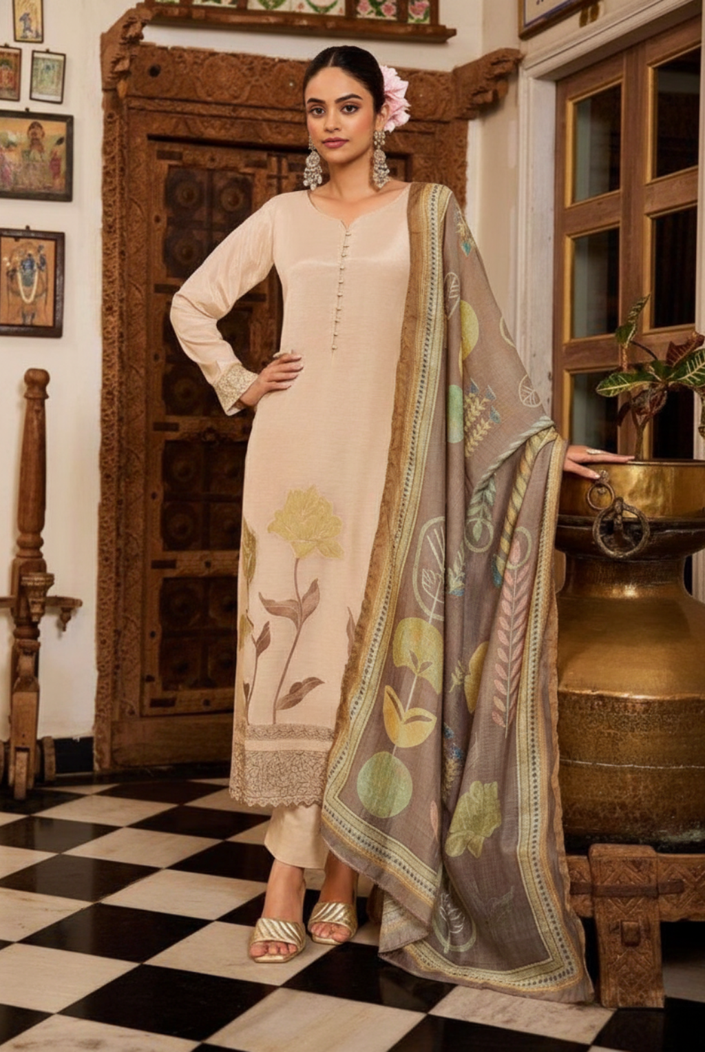 Ethereal Champagne Beige Suit with Earthy Floral Dupatta