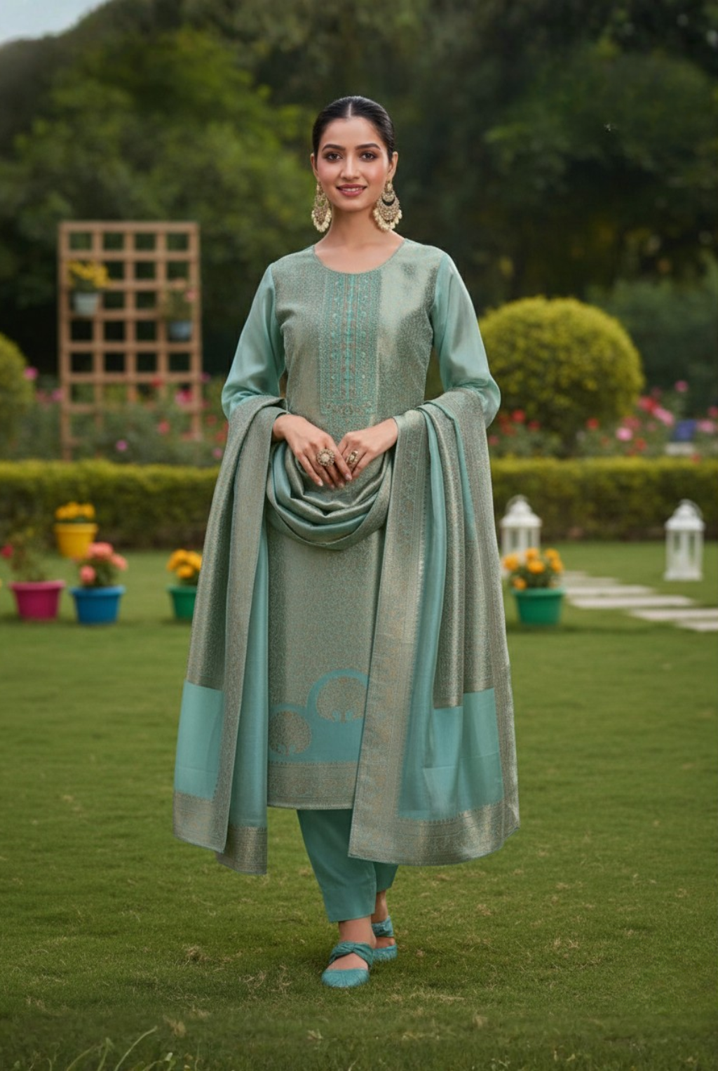 Serene Woven Suit with Pure Banglory Silk Jacquard Dupatta