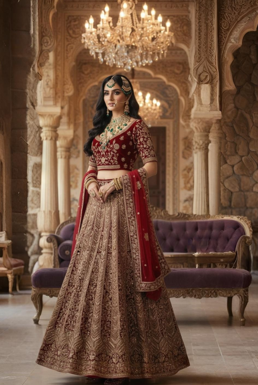 Elegant Maroon and Gold Embroidered Lehenga
