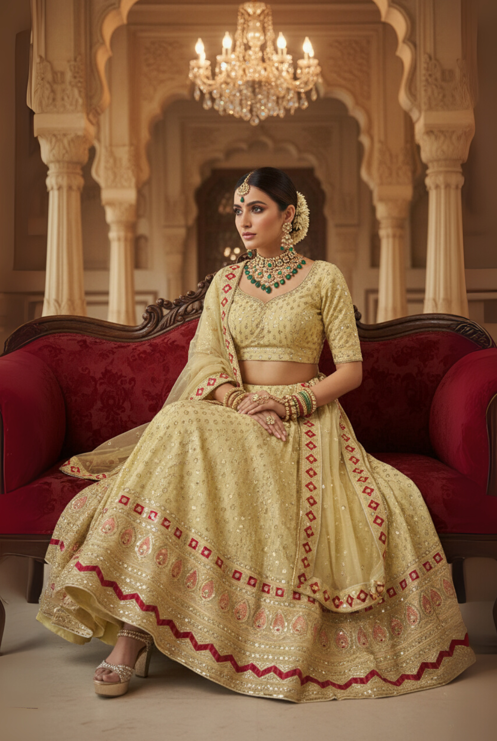 Elegant Embroidered Light Yellow Lehenga