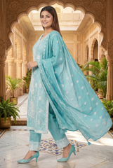 Turquoise Chikankari Embroidered Cotton Suit Set