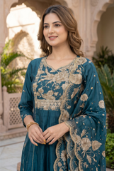 Teal Blue Floral Embroidered Kurta Set with Scalloped Organza Dupatta