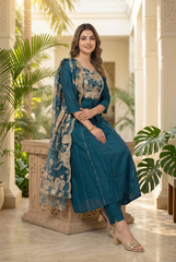 Teal Blue Floral Embroidered Kurta Set with Scalloped Organza Dupatta