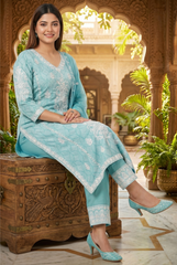 Turquoise Chikankari Embroidered Cotton Suit Set