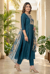 Teal Blue Floral Embroidered Kurta Set with Scalloped Organza Dupatta