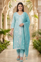 Turquoise Chikankari Embroidered Cotton Suit Set