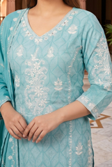 Turquoise Chikankari Embroidered Cotton Suit Set