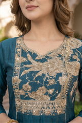 Teal Blue Floral Embroidered Kurta Set with Scalloped Organza Dupatta