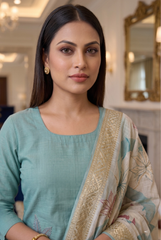 Elegant Teal Leaf Embroidered Kurta & Pants Set with Sheer Dupatta