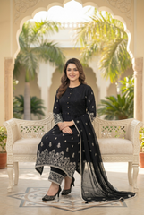 Midnight Noir Floral Embroidered Pintuck Suit Set