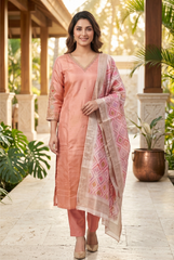 Peach Radiance Silk Suit Set with Geometric Zari Dupatta