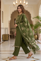 Olive Green Floral Embroidered Kurta Set with Tassels