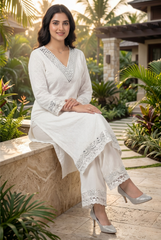 Pristine Radiance White Mirror Work & Chikankari Kurta Set
