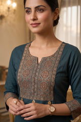 Midnight Teal Heritage Yoke Straight Kurta Set with Paisley Dupatta