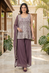 Mauve Silver Embroidered Peplum and Palazzo Set