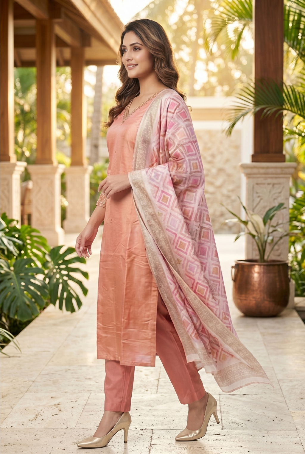 Peach Radiance Silk Suit Set with Geometric Zari Dupatta