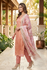 Peach Radiance Silk Suit Set with Geometric Zari Dupatta