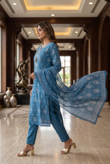 Pure Cotton Slate Blue Paisley Print Kurta Set with Matching Cotton Dupatta