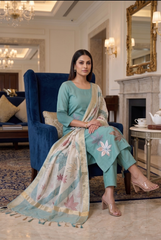 Elegant Teal Leaf Embroidered Kurta & Pants Set with Sheer Dupatta