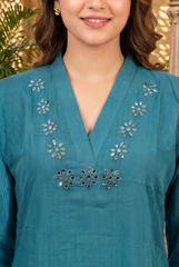 Teal Blue Chinon Mirror Work Asymmetric Kurta Set