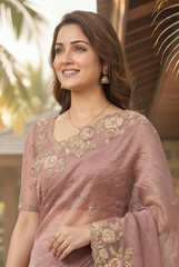 Dusty Rose Crushed Tissue Silk Saree with Floral Scalloped Borders
