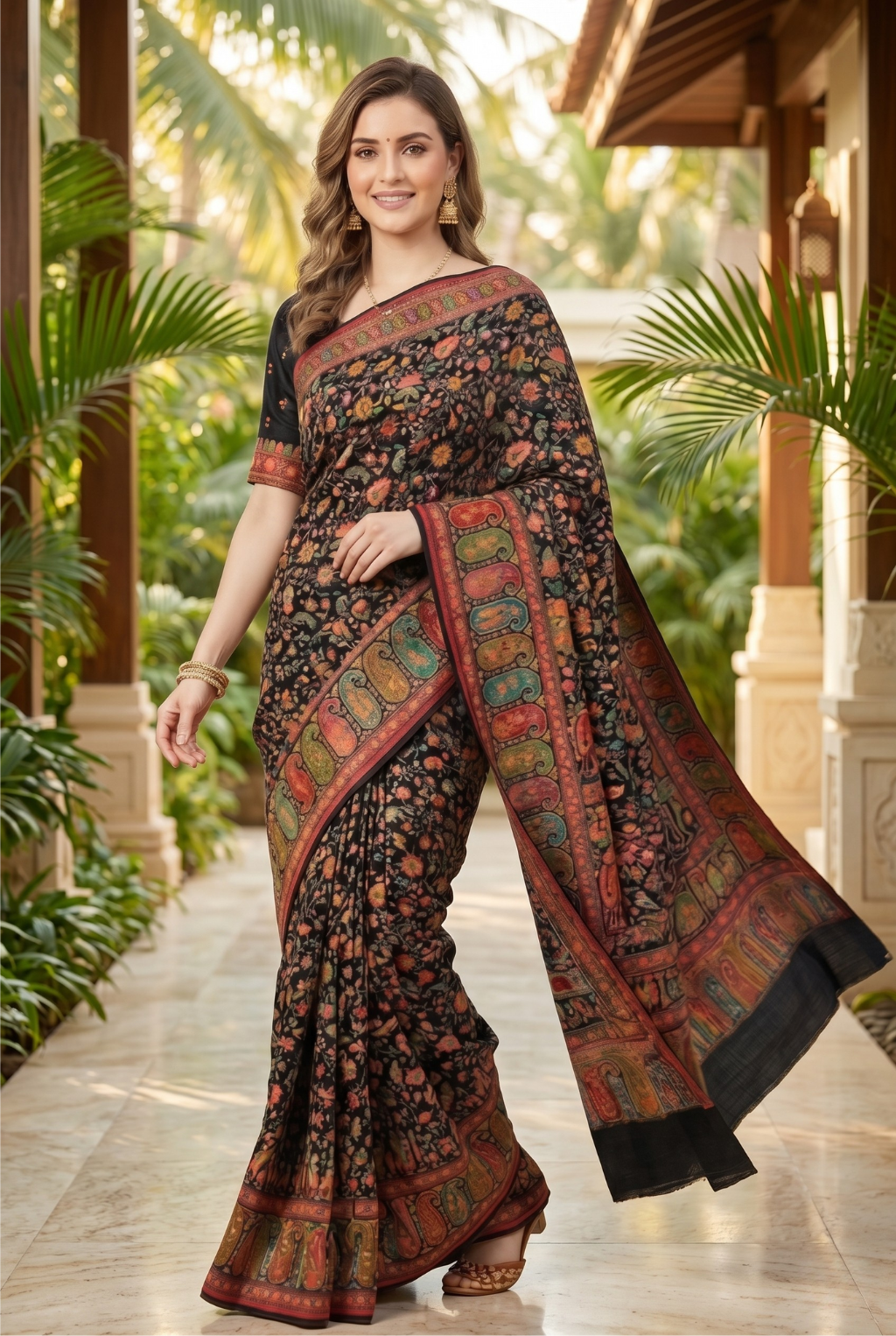 Midnight Kashmiri Kani Print Soft Silk Saree