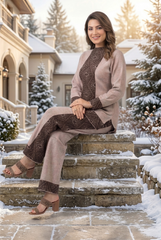 Beige & Brown Geometric Woven Woolen Co-ord Set