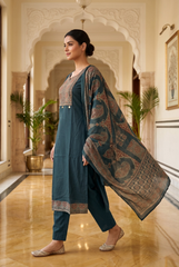 Midnight Teal Heritage Yoke Straight Kurta Set with Paisley Dupatta