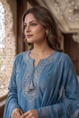 Pure Cotton Slate Blue Paisley Print Kurta Set with Matching Cotton Dupatta