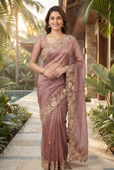 Dusty Rose Crushed Tissue Silk Saree with Floral Scalloped Borders