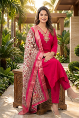 Radiant Chinon Suit Set with Floral Zari Dupatta