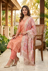 Peach Radiance Silk Suit Set with Geometric Zari Dupatta