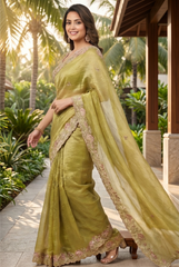 Olive Green Shimmer Tissue Saree with Pink Floral Embroidery