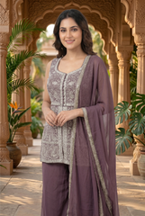 Mauve Silver Embroidered Peplum and Palazzo Set