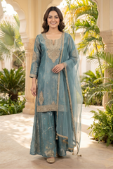 Regal Tissue Silk Sharara Set with Gold Zari Embroidery