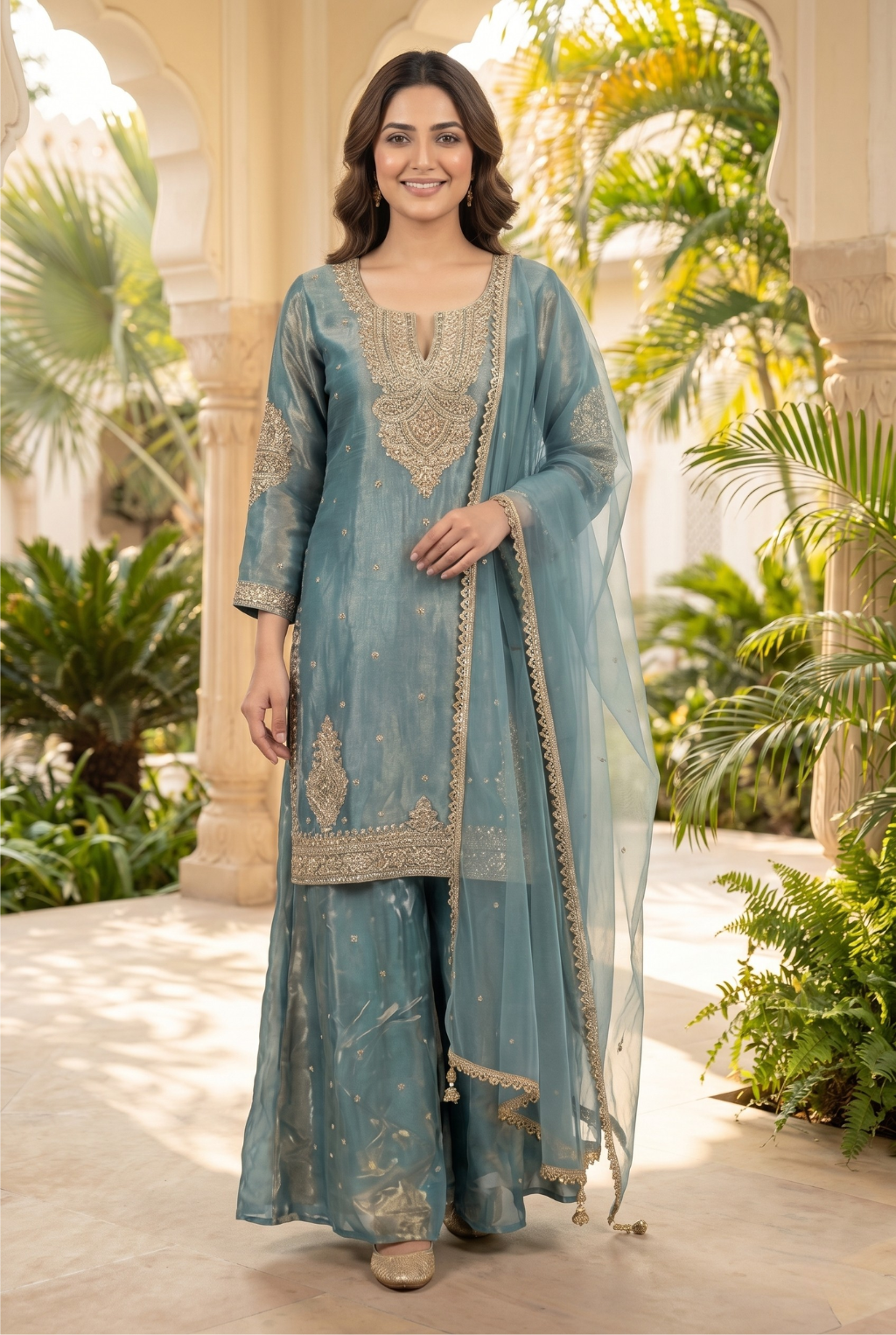 Regal Tissue Silk Sharara Set with Gold Zari Embroidery